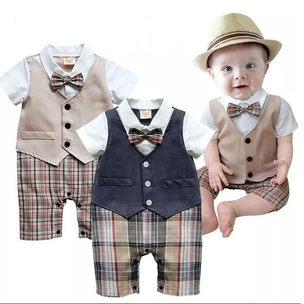 short sleeve baby boy gentleman plaid bowknot romper, Blue
