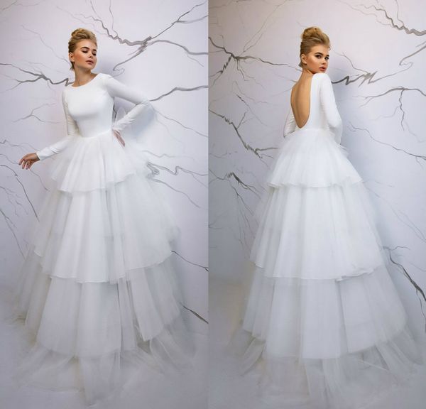 2022 sell a-line wedding dresses jewel long sleeves backless satin tulle tiered wedding gown ruched custom made sweep train bridal gown, White
2022 sell a-line wedding dresses jewel long sleeves backless satin tulle tiered wedding gown ruched custom made sweep train bridal gown, White