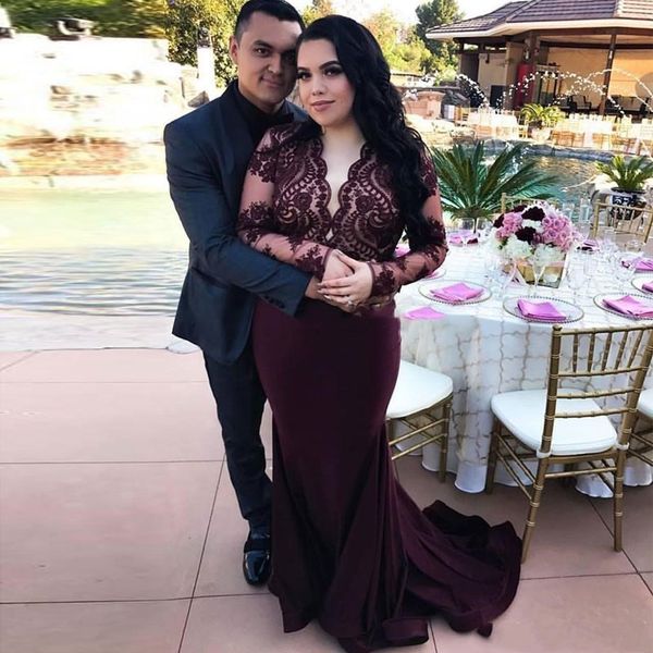 elegant burgundy lace mermaid evening dresses sheer plunging neck long sleeves prom gowns sweep train satin plus size formal dress, Black;red
elegant burgundy lace mermaid evening dresses sheer plunging neck long sleeves prom gowns sweep train satin plus size formal dress, Black;red