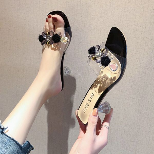 new women slippers summer transparent word wine glass crystal beads high heels 6cm fashion princess style sandals ladies slides, Black 
new women slippers summer transparent word wine glass crystal beads high heels 6cm fashion princess style sandals ladies slides, Black