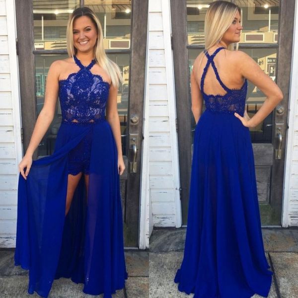 two piece prom dresses halter a line backless appliques lace sequins prom gown with chiffon detachable skirt, Black
two piece prom dresses halter a line backless appliques lace sequins prom gown with chiffon detachable skirt, Black