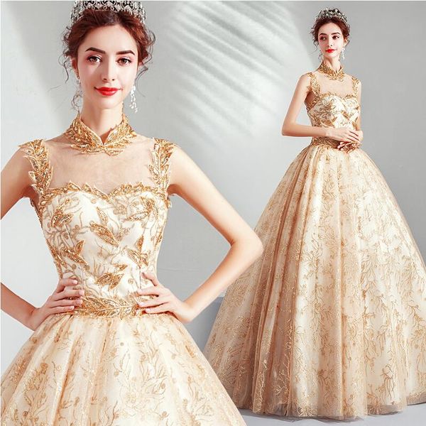 high-end luxury golden standing collar bride wedding toast banquet annual meeting stage performance wedding evening dress bead, White;black
high-end luxury golden standing collar bride wedding toast banquet annual meeting stage performance wedding evening dress bead, White;black