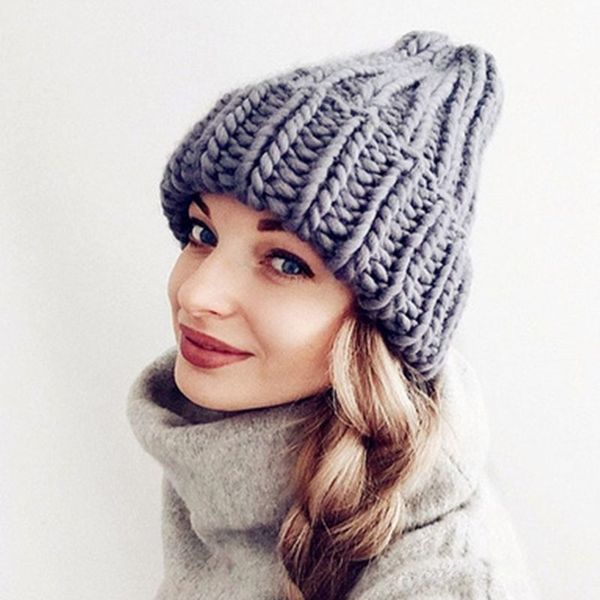 

women girls candy color slouchy weave crochet beanie cap winter cuffed thicken ribbed knitted hat baggy ear warmer, Blue;gray