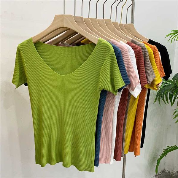 lucyever summer women knitted t shirt v neck short sleeve elastic fashion korean soft girls tees casual pullover shirts, White
lucyever summer women knitted t shirt v neck short sleeve elastic fashion korean soft girls tees casual pullover shirts, White