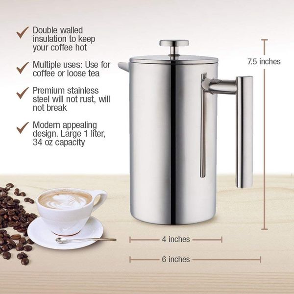 stainless steel french press coffee maker | double walled insulated coffee & tea brewer pot & maker | keeps brewed coffee or tea
stainless steel french press coffee maker | double walled insulated coffee & tea brewer pot & maker | keeps brewed coffee or tea