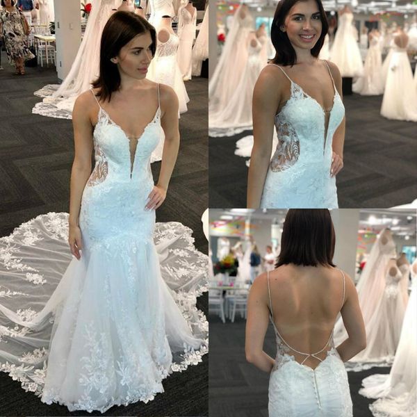 2019 mermaid wedding dresses lace appliqued spaghetti backless beaded country bridal gowns sweep train robes de mariée beach wedding dress, White
2019 mermaid wedding dresses lace appliqued spaghetti backless beaded country bridal gowns sweep train robes de mariée beach wedding dress, White