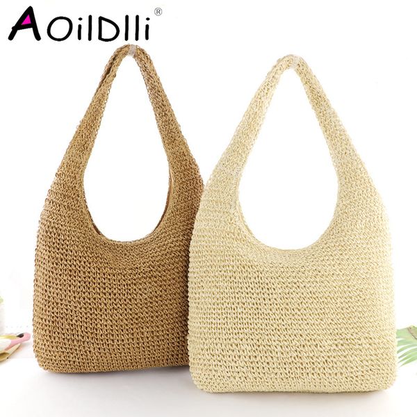 pure color straw bag simple fashion woven bag beach lady casual handbag