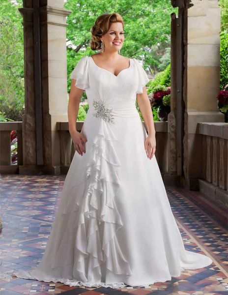 2020 elegant plus size lace up wedding dresses short sleeve v neck beaded ruffles chiffon a line bridal gowns custom made, White
2020 elegant plus size lace up wedding dresses short sleeve v neck beaded ruffles chiffon a line bridal gowns custom made, White