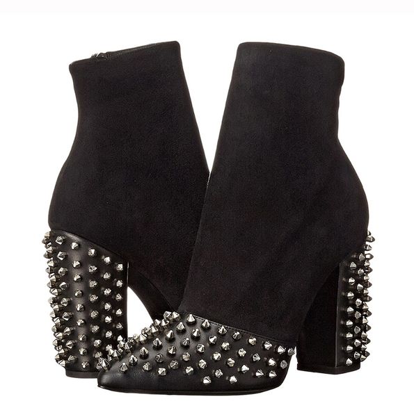 black rock rivets design suede leather pointed toe women chunky heeled chic ankle booties