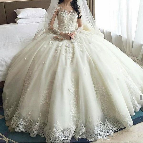 2019 cathedral train ball gown wedding dresses with long sleeve sheer jewel neck handmade applique lace princess church wedding gown, White
2019 cathedral train ball gown wedding dresses with long sleeve sheer jewel neck handmade applique lace princess church wedding gown, White