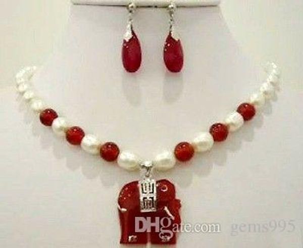natural white akoya pearl & red jade elephant pendant necklace earrings set, Silver
natural white akoya pearl & red jade elephant pendant necklace earrings set, Silver