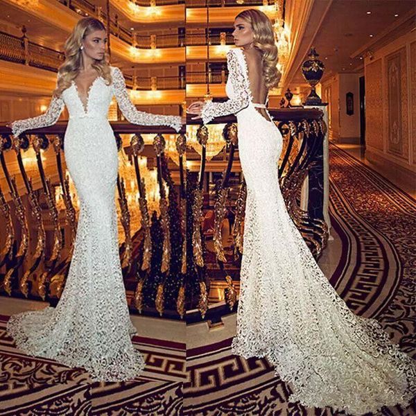 long sleeve lace wedding dresses deep v-neck backless mermaid bridal gowns open back wedding gowns sweep train custom made, White
long sleeve lace wedding dresses deep v-neck backless mermaid bridal gowns open back wedding gowns sweep train custom made, White