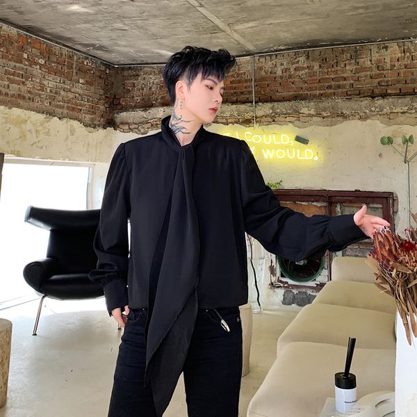 stage clothing men fashion long sleeve tie bow collar casual black white shirt male gothic party dress shirts, White;black 
stage clothing men fashion long sleeve tie bow collar casual black white shirt male gothic party dress shirts, White;black