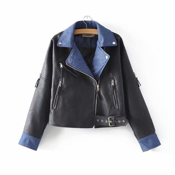 new women faux leather jacket casual zipper denim collar stitching basic coat slim pu leather jackets female, Black
new women faux leather jacket casual zipper denim collar stitching basic coat slim pu leather jackets female, Black