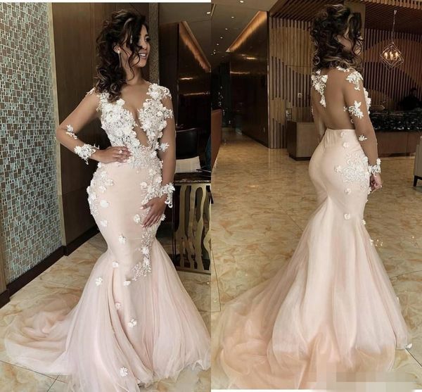 2020 modest blush pink prom dresses mermaid 3d floral applique sweep train plunging v neck long illusion sleeves formal evening gowns, Black
2020 modest blush pink prom dresses mermaid 3d floral applique sweep train plunging v neck long illusion sleeves formal evening gowns, Black