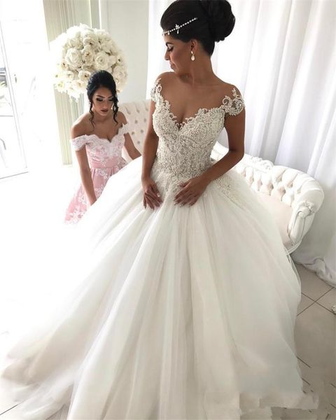 short sleeve ball gown wedding dresses appliques beaded lace up back tulle bridal gowns princess plus size bride wedding gown, White
short sleeve ball gown wedding dresses appliques beaded lace up back tulle bridal gowns princess plus size bride wedding gown, White