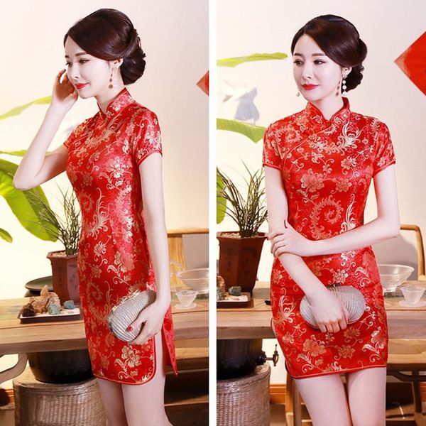 women's improved chi-pao above knee short dress brocade retro slim fitting party show evening dress chinese style cheongsams, Red
women's improved chi-pao above knee short dress brocade retro slim fitting party show evening dress chinese style cheongsams, Red