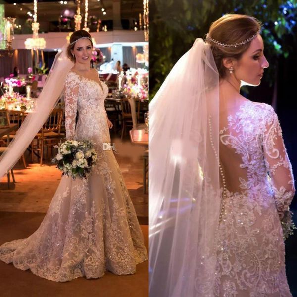 sparkly mermaid beaded lace wedding dresses sheer v neck sequined plus size bridal gowns with long sleeves sweep train vestido de novia, White
sparkly mermaid beaded lace wedding dresses sheer v neck sequined plus size bridal gowns with long sleeves sweep train vestido de novia, White