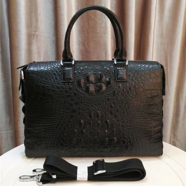 

classic men's large black totes zipper closure genuine crocodile skin businessmen briefcase alligator leather male shoulder bag