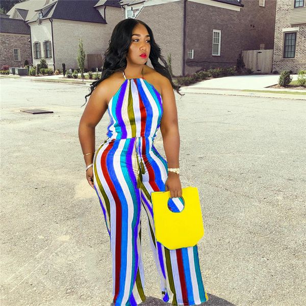 vertical stripes womens designer jumpsuits rainbow colors wide legged pants condole belt ladies summer clothes, Black;white
vertical stripes womens designer jumpsuits rainbow colors wide legged pants condole belt ladies summer clothes, Black;white