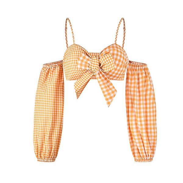 women lace up shirt yellow plaid lantern sleeve crop camis bow short casual cami, White
women lace up shirt yellow plaid lantern sleeve crop camis bow short casual cami, White