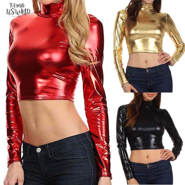 ladies metallic liquid t shirt party mock turtleneck leather long sleeve square neck cropped shirt for women streetwear, White
ladies metallic liquid t shirt party mock turtleneck leather long sleeve square neck cropped shirt for women streetwear, White