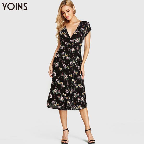 

yoins bohemian floral crossed collar short sleeve wrapped dress 2019 women summer vintage midi dresses beach party vestidos, Black;gray