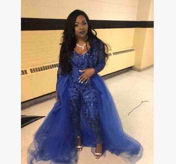 2020 classic jumpsuits long sleeves prom dresses with detachable train lace appliqued evening gowns luxury african party women's pant s, Black
2020 classic jumpsuits long sleeves prom dresses with detachable train lace appliqued evening gowns luxury african party women's pant s, Black