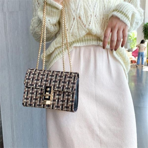 2020 new fashion crossbody single shoulder bag metal buckle rectangle handbag with golden chain strap for women plaid women bag