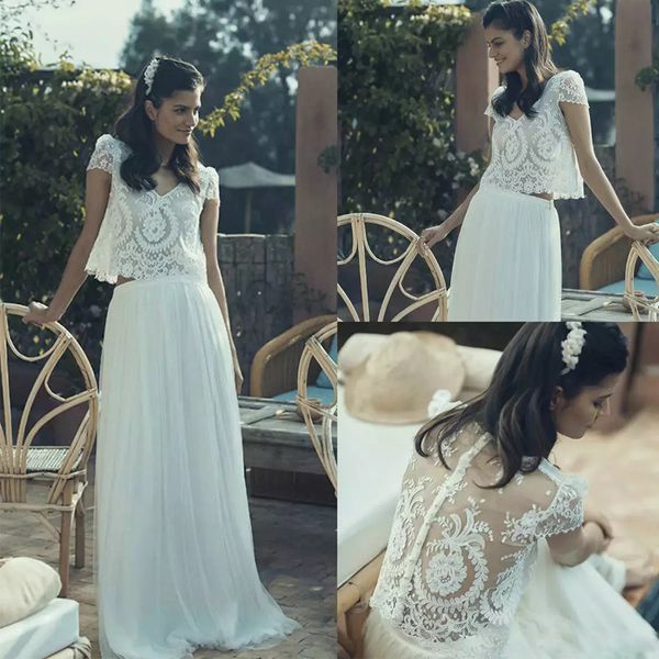 2 pieces a-line beach wedding dresses v-neck short sleeve lace appliques illusion boho wedding gown tulle floor length maxi dress, White
2 pieces a-line beach wedding dresses v-neck short sleeve lace appliques illusion boho wedding gown tulle floor length maxi dress, White