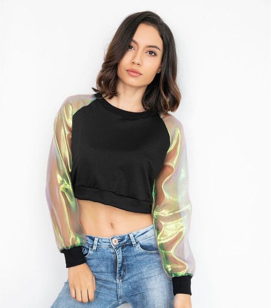 hirigin 2019 new women's stylish chiffon spelice long see-through sleeve crop neck short hoodie shirt causal streetwear, Black
hirigin 2019 new women's stylish chiffon spelice long see-through sleeve crop neck short hoodie shirt causal streetwear, Black