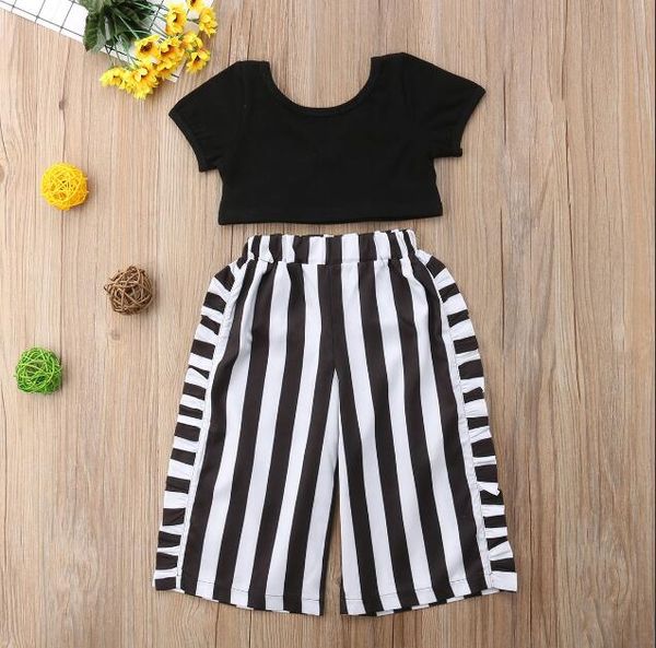 1-6y toddler kids baby girl fashion clothes short sleeve black crop +striped wide leg pant trouser 2pcs outfits clothing set, White
