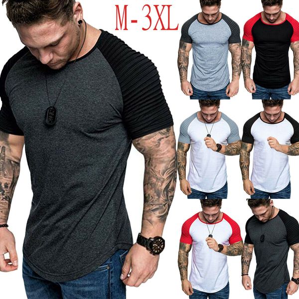 

Fashion Summer Men's Casual Fit T-Shirts Short Sleeve Slim Muscle Bodybuilding T-shirt Tee Tops Patchwork Cotton Men Clothes