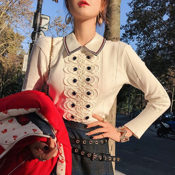 white bodycon knitting sweater spring women jumper peter pan collar sequin lace double breasted red gemstone basic pullover b052, White;black
white bodycon knitting sweater spring women jumper peter pan collar sequin lace double breasted red gemstone basic pullover b052, White;black