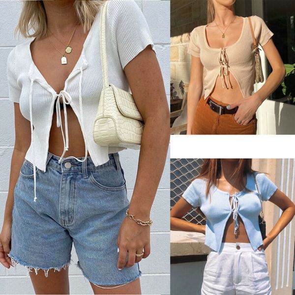women's blouses & shirts wrapped chest blouse summer short sleeve lace-up thread crop top, White
women's blouses & shirts wrapped chest blouse summer short sleeve lace-up thread crop top, White
