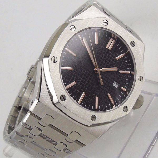 fashion simple 42mm black sterile dial men's watch auto date miyota automatic movement stainless steel strap, Slivery;brown
fashion simple 42mm black sterile dial men's watch auto date miyota automatic movement stainless steel strap, Slivery;brown