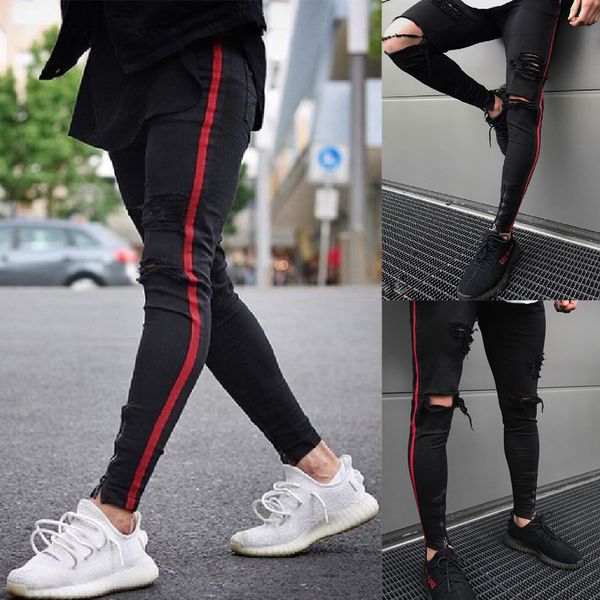 mens distressed washed denim jeans side red striped slim ripped pencil pants holes washed jeans male fashion zipper design long trousers, Blue
mens distressed washed denim jeans side red striped slim ripped pencil pants holes washed jeans male fashion zipper design long trousers, Blue