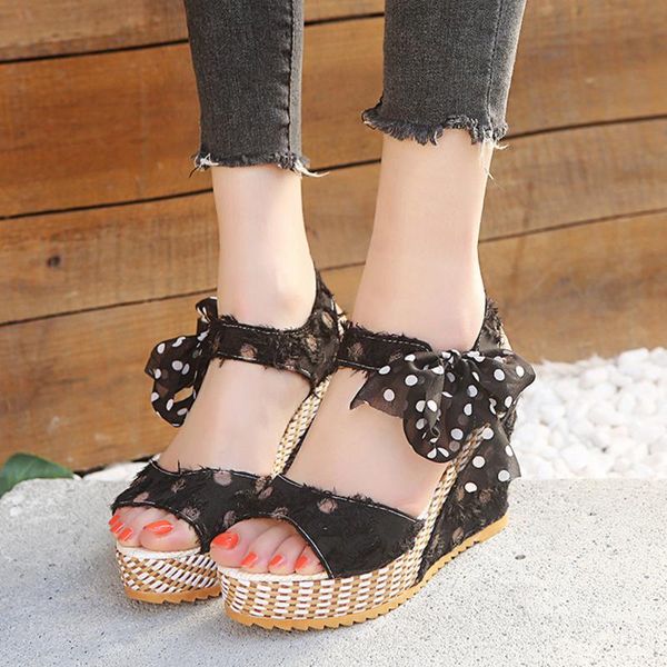 women's ladies platform wedges heel sandals fashion dot lace-up shoes footwear platform wedge slides beach shoes chaussures 2020, Black
women's ladies platform wedges heel sandals fashion dot lace-up shoes footwear platform wedge slides beach shoes chaussures 2020, Black