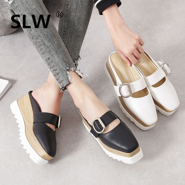 

spring summer british style brogue shoes women thick bottom wedges anti-skid slides new shallow mouth mules shoes woman slip on, Black