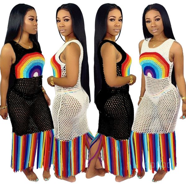 summer women rainbow printing tassels mesh hollow out beach dress sleeveless see-through dresses party swimming clothing s-3xl a52106, White
summer women rainbow printing tassels mesh hollow out beach dress sleeveless see-through dresses party swimming clothing s-3xl a52106, White