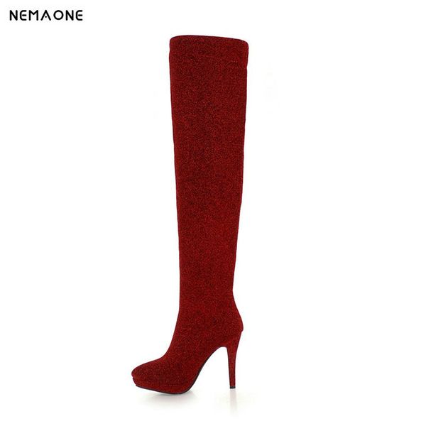 nemaone shiny super high heels over the knee high boots woman winter poined toe platform women boots lady fashion, Black
nemaone shiny super high heels over the knee high boots woman winter poined toe platform women boots lady fashion, Black