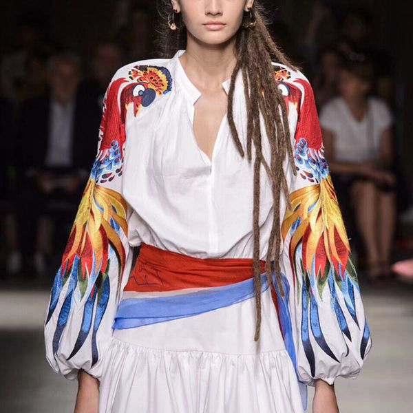 designer runway women blouse 2019 autumn fashion style luxury parrot embroidery long lantern sleeve party cocktail shirts, White
designer runway women blouse 2019 autumn fashion style luxury parrot embroidery long lantern sleeve party cocktail shirts, White