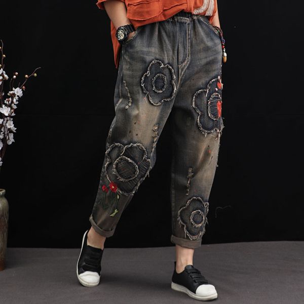 renaissance autumn new ancient ethnic cotton harem pants women's elastic waist denim trousers, Blue
renaissance autumn new ancient ethnic cotton harem pants women's elastic waist denim trousers, Blue