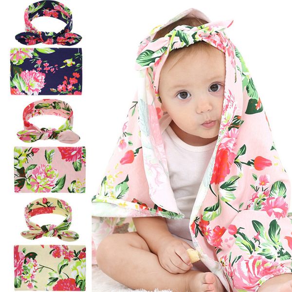 European Newborn Baby Swaddling Blankets Bunny Ears Headbands Infant 2 Piece Set Swaddle P Wrap Floral Nursery Bedding Gift D3510