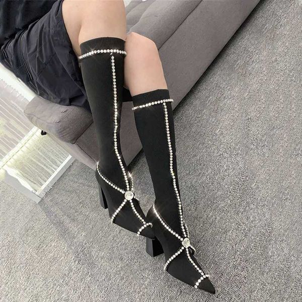 chic women's knee high boots black stretch fabric pull on shoes high heels rhinestones decoration vb4
chic women's knee high boots black stretch fabric pull on shoes high heels rhinestones decoration vb4