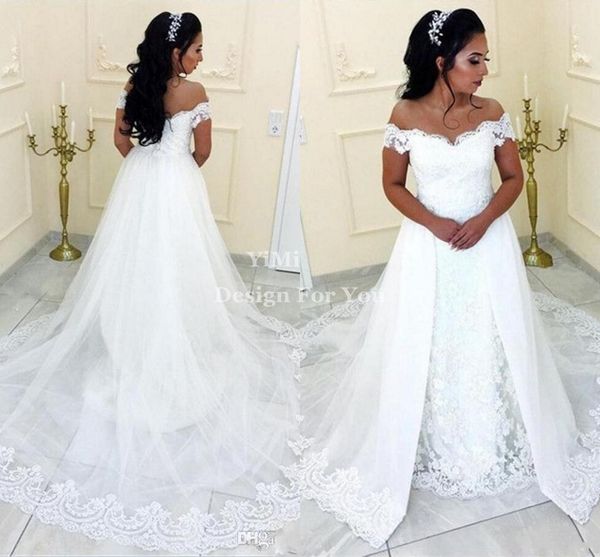 2019 White Lace Mermaid Wedding Dresses With Over Skirt Off Shoulder Sweep Train Appliques Chapel Country Garden Arabic Bridal Gowns
2019 White Lace Mermaid Wedding Dresses With Over Skirt Off Shoulder Sweep Train Appliques Chapel Country Garden Arabic Bridal Gowns
