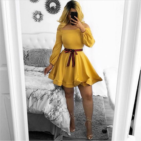 Womens Autumn Slash Neck Dresses Fashion Solid Dresses With Sashes Summer Womens Sexy Mini Dresses