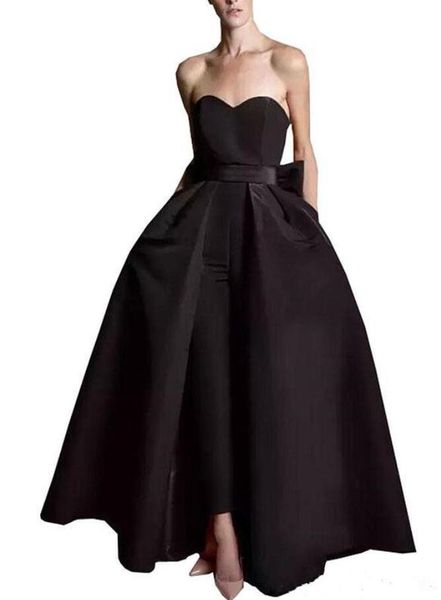 black women jumpsuit evening dresses 2019 satin sweetheart neck floor length prom dress detachable skirt pant suit formal party gowns, Black;red 
black women jumpsuit evening dresses 2019 satin sweetheart neck floor length prom dress detachable skirt pant suit formal party gowns, Black;red