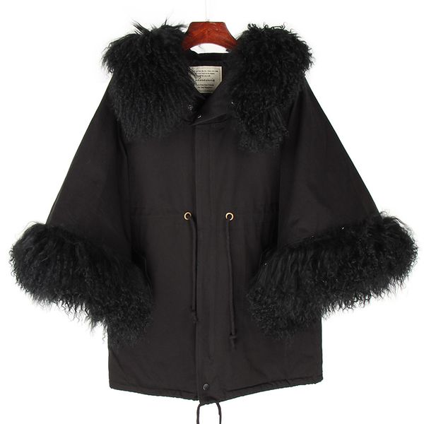 european net red with the fall and winter detachable wool large fur collar casual trumpet sleeves waist cloak, Black
european net red with the fall and winter detachable wool large fur collar casual trumpet sleeves waist cloak, Black