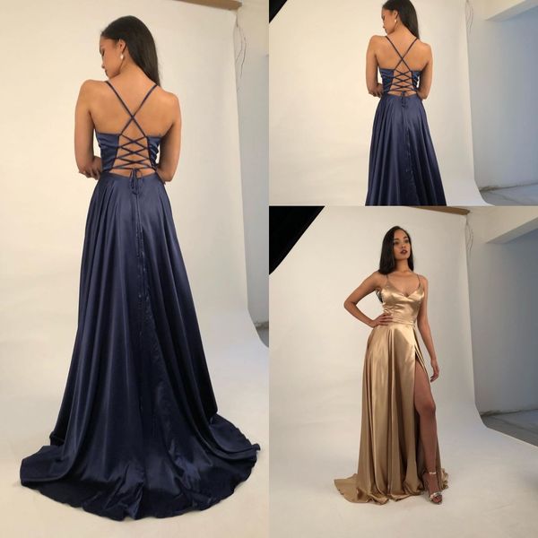 spaghetti straps satin a line prom dresses 2020 high split ruched criss cross sweep train formal party evening dresses bm1540, Black
spaghetti straps satin a line prom dresses 2020 high split ruched criss cross sweep train formal party evening dresses bm1540, Black